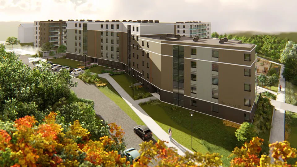 Wizualizacja zespołu budynków na Chełmie z zielenią i drogą dojazdową